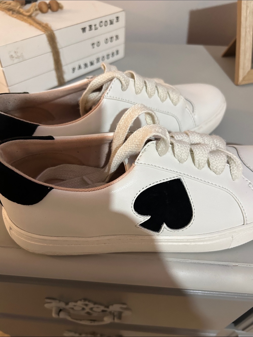 kate spade White Leather Sneakers with Black Spade Accent